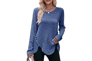 Jabeiyou Haut Femme Col Rond Automne Hiver Chic et Elegant Chaud Brossé Manche Longue Pull Casual Long Chemise Bouton Décoratif Irrégulier Couleurs Unies Tee Shirt Basique Top Taille S-XXL
