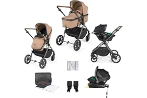 Ickle Bubba Cosmo Travel System with Stratus i-Size Car Seat & ISOFIX Base (Desert/Gunmetal) – Birth to 22kg, Convertible Pram Seat, UPF Hood, Footmuff, Raincover & Changing Bag