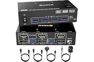 NAWEN KVM Switch 2 PC 2 Monitore 8K, Displayport + HDMI USB 3.0 KVM Umschalter für zwei Monitore, Unterstützt 8K@60Hz, 4K@120Hz für 2 Computer, die Tastatur, Maus und Monitor teilen