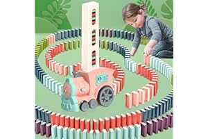 UNFUNTLY Domino Zug Spielzeug, 120 Stuck Domino Baustein Zug Set, Automatischer Dominosteine Zug Spiel mit Ton, Kinder Elektrischer Domino Train Rallye Spielzeug Weihnachten Geschenk für Jungen Mädchen (Rosa)