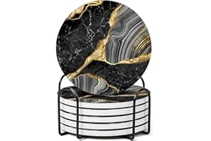 GRISHA Coasters Set of 6 - Homeware Marble design Coasters Ceramic - Coasters with Holder and Cork Base,Home accessories,Coaster(Drinks) cup and Table decor,10cm 4inch. (Delux Black)