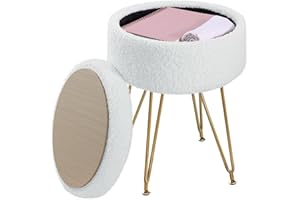 ABHENG Storage Ottoman Round Footrest Stool, Vanity Stool Chair Faux Teddy Fur with Storage, Modern Multifunctional Chairs, 32 x 32 x 44 cm, Cream White ASND51W