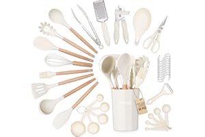 Kitchen Non Stick Cooking Utensils Set – Heat Resistant Silicone Utensils with Wooden Handle – Ladles, Spoons and Spatulas Set – Kitchen Tools & Accessories – 35pcs, Cream – by Nuovva