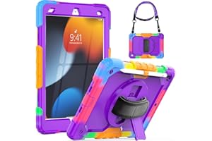 SEYMCY for iPad 9th/8th/7th Generation Case Kids 10.2 inch, Shockproof Sturdy with Rotating Hand Strap & Stand, Screen Protector, Shoulder Strap, Pen Holder for iPad Cover 2021~2019, Purple
