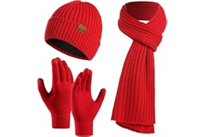 KUNYEAH Juego de 3 guantes unisex de invierno para gorro, bufanda, gorro de punto cálido, guantes de pantalla táctil, bufanda larga para hombres y mujeres