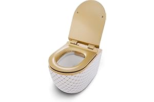 RD Luxury® | WC suspendu blanc et or avec motif à carreaux - design sans rebord en céramique, idéal pour les toilettes d'invités. Inclus : abattant Softclose et kit d'isolation phonique.