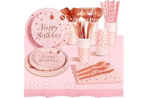 AIPartywar 193 Stück Partygeschirr Kindergeburtstag,24 Gäste Roségold auf Rosa Partygeschirr Party Set mit Becher Servietten Tischdecke Pappteller Geburtstag Mädchen für Party Geburtstag