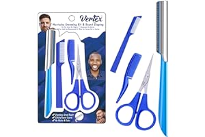 VERTEX Mustache Scissors Grooming Kit Comb - Movember Travel Razor Mens Beard Trimmer Straight Edge Stainless Steel Shaping Tool For Men After Black Color Dye Goatee Shaper Clippers Balm Combs Wash Brush