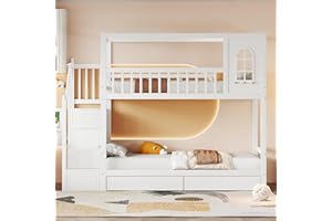 MOIMHEAR Letto a castello per bambini, 90 x 200 cm, in legno massello matrimoniale, a forma di casa con finestra, design di recinzione di sicurezza, con cassetti e scala di sicurezza, per adolescenti (bianco)