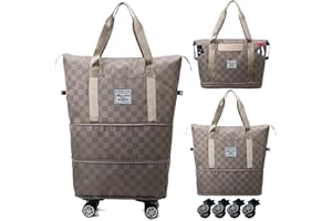 Asnewkit Travel Bag with Wheels,Expandable 55L Duffel Bags for Women,Foldable Rolling Duffle Bag with Wheels,Carry on Luggage,Gift for Men Women Suitcases (Khaki)