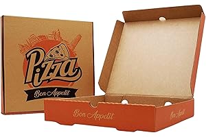 FR Enterprises - 12 inch Printed Cardboard Pizza Boxes - Lightweight Disposable Square Takeaway Pizza Box - Easy to Transport Brown Pizza Style Postal Boxes with Rear Vent Hole - 50 Pieces