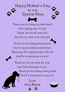 Dog Mothers Day Poem Personalised From The Dog Verse Poem Mothers Day Card (Lilac, Special Mum)  : Amazon.co.uk: Stationery & Office Supplies
