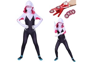 BITOWO Spider Kostüm Kinder Mädchen 3-12 Jahre mit Handschuhe Spider Gwen Cosplay Spider Anzug Kinder Suit Ghost Spider Kostüm Kleidung Kinder Mädchen Kleidung 98-150 für Kinder Karneval