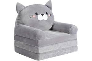 BYBYME Kids Fold Out Chair Bed - Foldable Toddler Chair Lounger for 1-3 Year Old Children - Folding Sofa Bed Cute Couch Armchair for Playroom Bedroom (Cat)