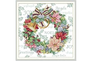 Stitchmelody 14CT Counted Cross Stitch Kits,Unprinted Pattern Embroidery Set,DMC Threads-Holiday Wreath 54cm×54cm