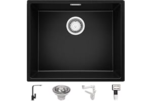 Fregadero bajo Encimera 56 x 47 cm, Fregadero Granito Un Seno + Mezclador de Fregadero + Sifón Clásico, Fregadero Cocina London 60 de Primagran, Negro