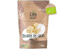 CIBO CRUDO CRUDO BIOLOGICO VEGAN Beurre de Cacao Bio Alimentaire non Raffiné - 250g. Beurre de Cacao pour Patisserie ou Cosmetique Naturel Pur et Cru. Beurre Végétal Biologique.
