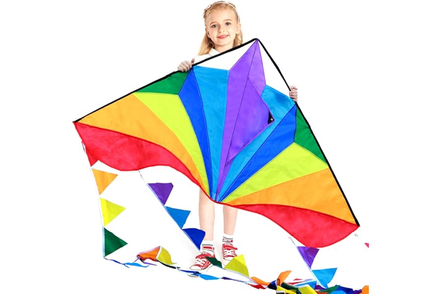HONBO Large Delta Kites For Kids and Adults,Perfect Kite for Beginners,String Line Included Toys Easy To Fly Kites with Colorful Colors Tail,Best kite For Beach Trip