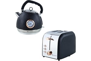 SQ Professional Epoque Breakfast Set 2pc Kettle with Rose Gold Accents & Temperature Display 2200W - 2 Slice Toaster with Rose Gold Accents, High-Lift, Wide Slots & 6 Browning levels 900W (Black)