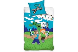 Character World - Set biancheria da letto Minecraft double-face, 100% cotone, copripiumino: 135 cm x 200 cm e federa: 80 cm x 80 cm, fantasia: blocchi di TNT e la battaglia con i picconi, multicolore