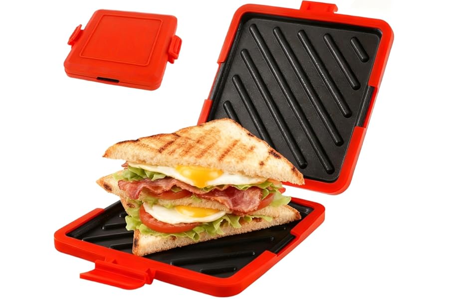 Microwave Toastie Maker Microwave Toastie Sandwich Maker and Grill Wireless Silicone Microwaveable Cookware Extra Crispy Toasties & Panini Maker - No Soggy Results - Compact & Dishwasher Safe (Red)