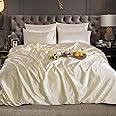 ROOEE Satin Silk Complete Bedding Set - 6 PCS - Fitted sheet, Duvet Cover, 4 Pillow Cases. Color - Cream Size - King