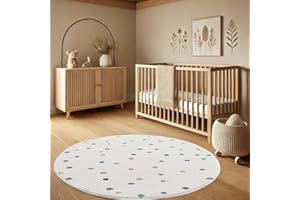 ‎PAYÉ payé Teppich Rund Kinderzimmer - Cream - 120x120cm - Spielteppich Bunte Punkte Kurzflor Kinderteppich - Oeko-Tex Standard 100