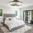 Bustling world Ceiling Fan with Lights, LED Remote Control 3-Color Lighting 3 Wind speeds, Invisible Blades Flush Mount Ceiling Light, Enclosed Metal Shell Low Profile Fan,19.7'',Coffee Gold