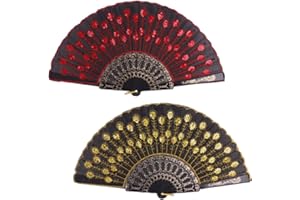 Morices 2 Pcs Sequin Folding Fans, Elegant Embroidered Flower Peacock Pattern Handheld Fan, Decorative Hand Fans for Dancing Wedding Party Favors Gift Wall Hanging Decoration (Red + Yellow)