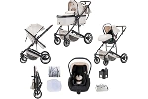Lnhcrbs Kinderwagen 3 in 1, Beige - Baby Born Kinderwagen Und Autositz Set, Buggy Pram mit Verstellbarem Griff, Schlafkorb&Tragetasche mit Fußabdeckung, Baumwollpolster,Moskitonetz, Regenschutz