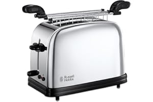 Russell Hobbs Grille Pain [Pour Sandwich & Panini] Chester (2 Fentes larges, Pinces incl., 6 Niveaux de brunissage réglables, Signal sonore, Décongèle, Réchauffe viennoiserie, 1200W) Toaster 23310-57