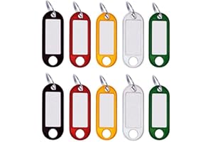 M&H-24 Breloczek do kluczy z możliwością opisania, z tworzywa sztucznego – breloczek do kluczy z pierścieniem wymienne etykiety w kolorze czarnym, czerwonym, białym, zielonym, żółtym, Kolorowe tabliczki na klucze, 10er Set, brelok do kluczy z możliwością opisania