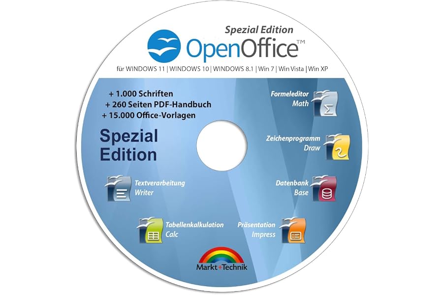 Open Office Spezial-Edition für Windows 11-10-8-7-Vista-XP | PC-Software mit 15.000 Vorlagen, 1.000 Schriften und PDF Handbuc