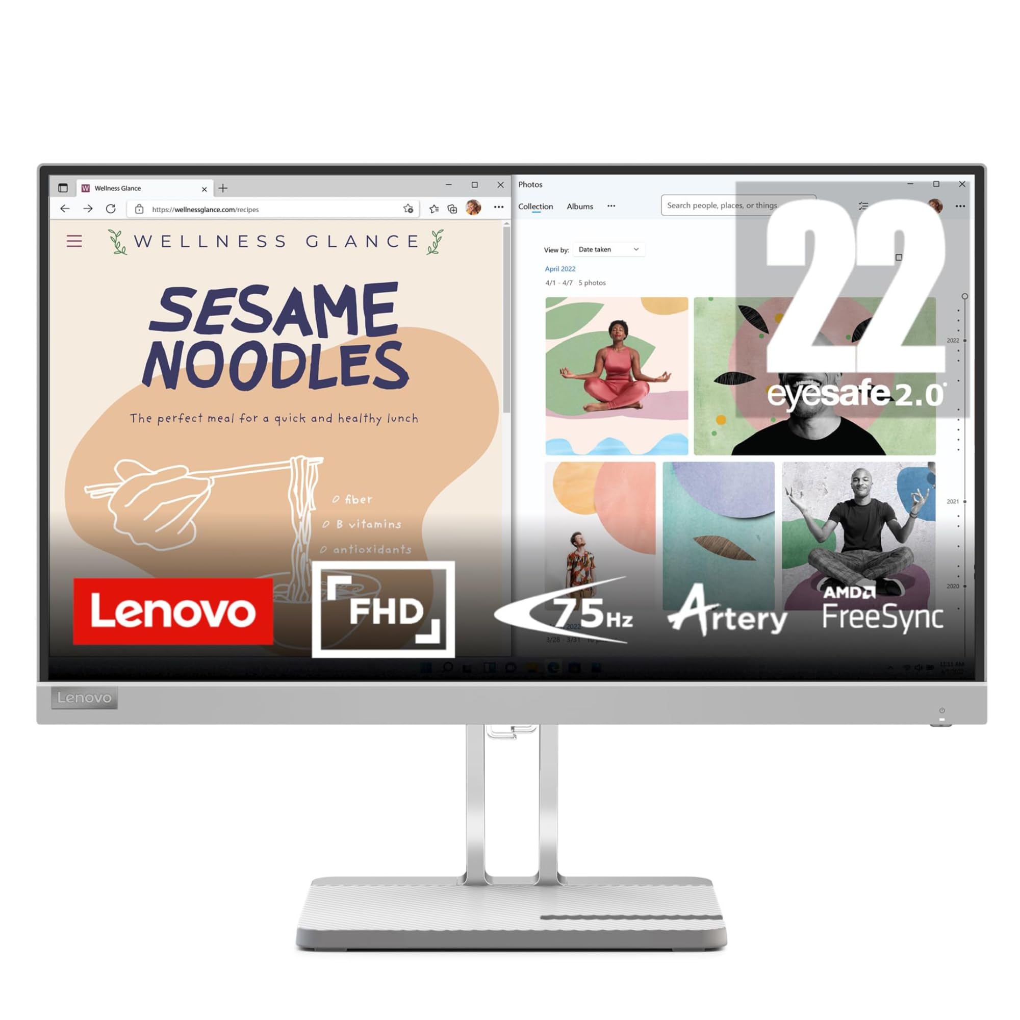 Lenovo L-Series 54.48 cm (21.4inch) | FHD Ultraslim Monitor |16.7Mn Colors, 75Hz, 4ms, AMD FreeSync, HDMI,TUV Eye Comfort & Low Blue Light, Smart Display Customization Artery, Grey, L22e-40