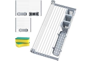 CIUJOY Scolapiatti da Appoggio, Stendino per Stoviglie Espandibile Fino a 22,8 Pollici con 2 Portautensili Stendino Pieghevole con Bordo Rivestito in Silicone in Acciaio Inossidabile per Lavello sa Cucina
