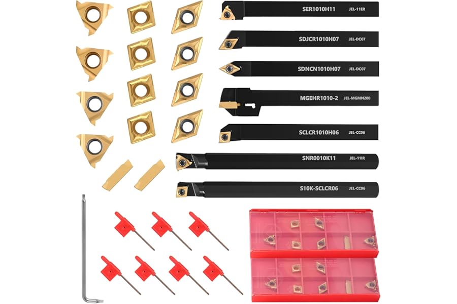 28Pcs Metal Lathe Cutting Tools, 8mm Shank Wood Turning Accessories, with 7 Boring Bars, 14 Carbide Inserts, for External Turning, Grooving, and Internal Boring on Mini Lathe Machine