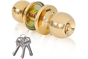 YELANGU Entrance and exit Door Knob with Key Stainless Steel Exterior Doors Knobs Round Security Front Doors Lock Set Satin Nickel 1 Pack(Golden)