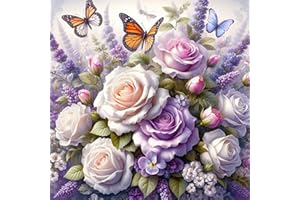 HEIBAGO Fleur Diamond Painting 5D Complet, Peinture Diamant Adulte, Papillon Diamant Kits, Diamant Strass Point de Croix Cristal Painting pour Murale Décoration 30x30cm