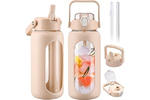 BLUEGO 2000ml Bouteilles d'eau en verre avec 2 couvercles Gourd avec paille 2L Grande bouteille d'eau avec marqueurs de temps et de capacité pour salle de sport Maison Étanche, Ambre