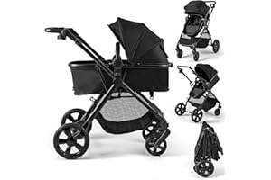 COSTWAY 2 in 1 Baby Pushchair, Foldable Travel System Pram with Reversible Seat, Adjustable Canopy & Handle, Storage Basket, Cup Holder, Lightweight Infant Stroller for 0-36 Months (Black)