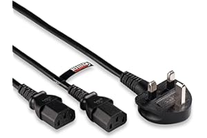 rhinocables IEC C13 Splitter Power Cable – Kettle Lead with UK Plug to Dual C13 Connectors | 3 Pin Mains Cord for PC, Monitor, TV, PS4 & Laptop | Black 2 Metre Power Lead (Pack of 1)