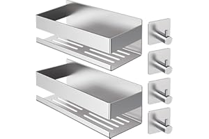 AIKER Estanteria Baño,2PCS Versión Mejorada Estanteria Baño Sin Taladro，Acero Inoxidable 304 Engrosado Estante Ducha Sin Taladro con 4 Ganchos Accesorios Baño