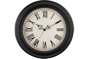 Plumeet Extra Large Retro Wall Clock, 16'' Non Ticking Classic Silent Vintage Wall Clocks Decorative Kitchen Living Room Bedroom, Roman Numerals, Battery Operated, Black