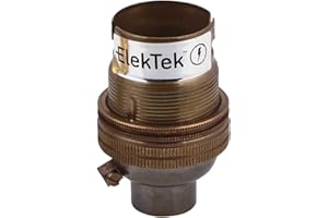ElekTek Unswitched Lamp Holder B22 BC Bayonet Cap with Shade Ring 10mm/M10 x1 Threaded Bottom Entry - Made in UK - Antique Brass