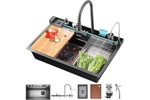 KOOGIMDDR Fregadero de cocina en cascada de 80 × 46 cm, 1 lavabo de acero inoxidable Nano negro, lavadora de tazas integrada, grifo extraíble, indicador de temperatura, tabla de cortar, rebosadero, sifón y