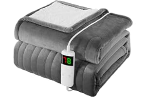 Homemate Heated Blanket Electric Throw - 130x160cm, 1/2/4/6/8 Hours Auto-Off 10 Heat Level Digital Control, Over-Heat Protection Flannel Sherpa Washable Blanket Grey