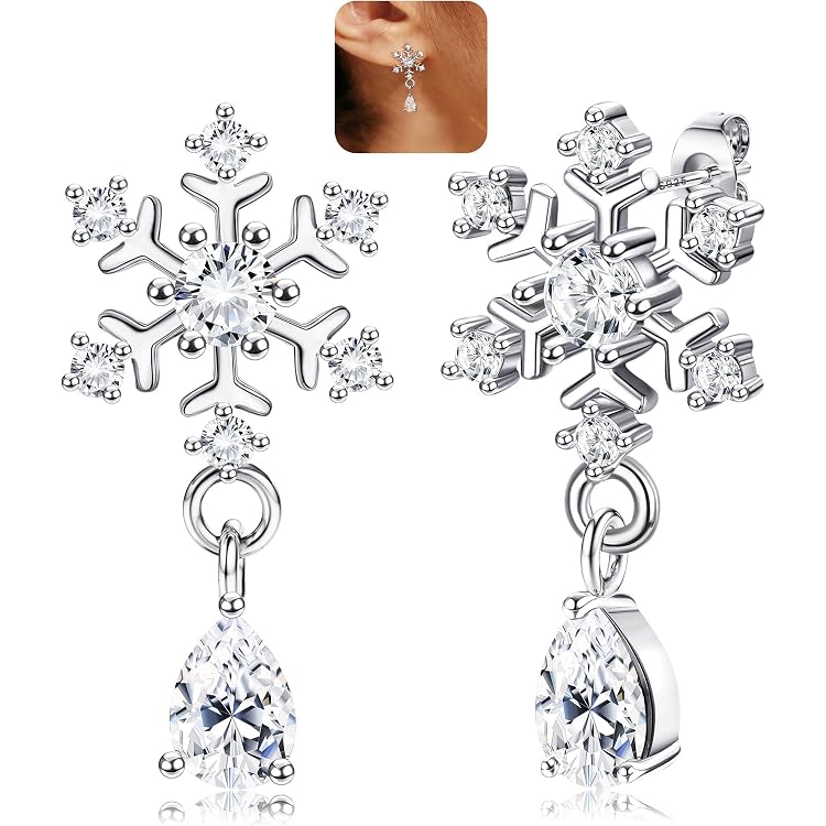 Weihnachtsohrringe Aus 925er Silber – Schneeflocken-Anhänger Mit Zirkonia, Hängend, Hypoallergen, Festlicher Damenschmuck