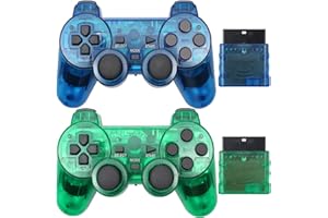 Hovlian Wireless Controller for PS2,Built-in Dual Vibration 2.4G Gamepad Joystick Compatible for Playstation 2 (2PACK, Clear Blue and Clear Green)