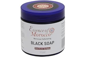 ESSENCE OF MOROCCO Moroccan Exfoliating Black Soap Eucalyptus Essential Oil and Olive Oil Beldi Hammam Spa Scrub Savon Noir 200g / 7 OZ Natural Helps Cleanse Skin Remove Fake Tan and Ingrown Hair (Pack of 1)