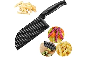 Crinkle Potato Cutter - 7.4cm x 30cm 420 Stainless Steel Waves French Fries Slicer, Save-effort Handheld Chipper Chopper, Vegetable Salad Chopping Knife Home Kitchen Wavy Blade Cutting Tool, Black